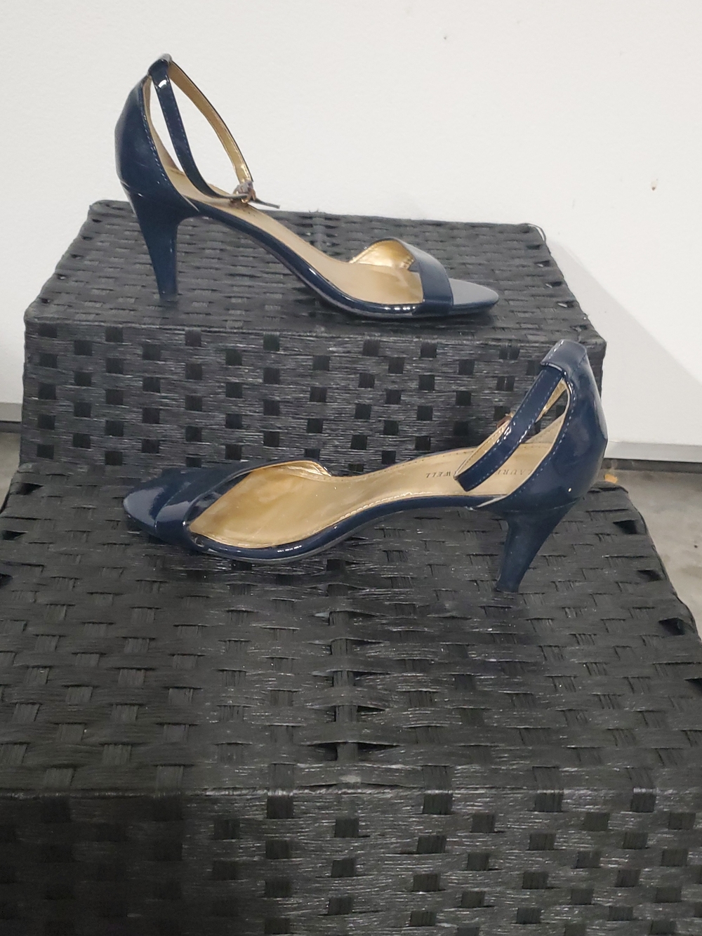 Navy Patent D'Orsay Mid Heel Sandals with Ankle Strap